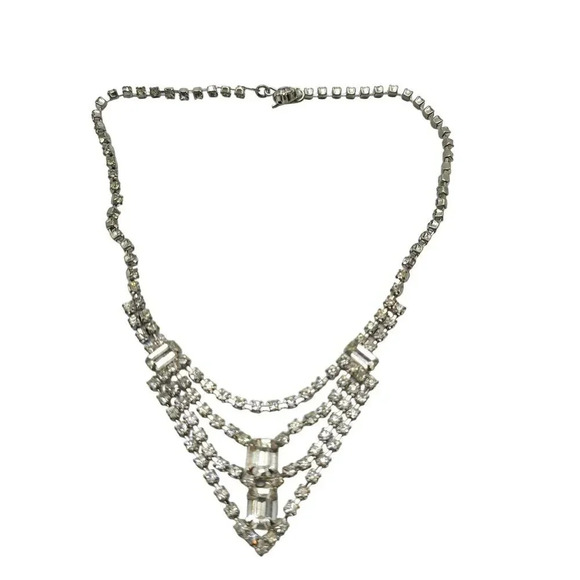 Clear Rhinestone Crystal Swag Bib Necklace Hook Closure Silver Tone Vintage - Picture 3 of 5